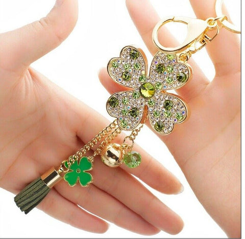 Four Leaf Clover Crystal Bag Charm/Keyring with Tassel