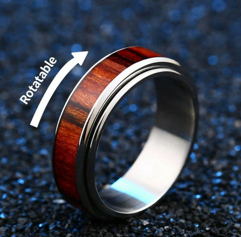 Stainless Steel and Wood Spinner Ring 6 mm band width