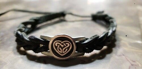 Irish Pewter Black Celtic Heart Leather Woven Adustable Bracelet