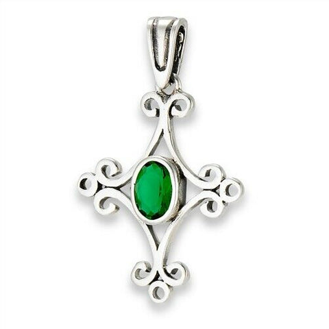 Sterling Silver Swirl Cross Pendant With Synthetic Emerald  no chain