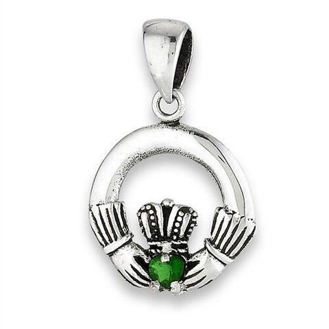 STERLING SILVER CLADDAGH PENDANT WITH GREEN CZ