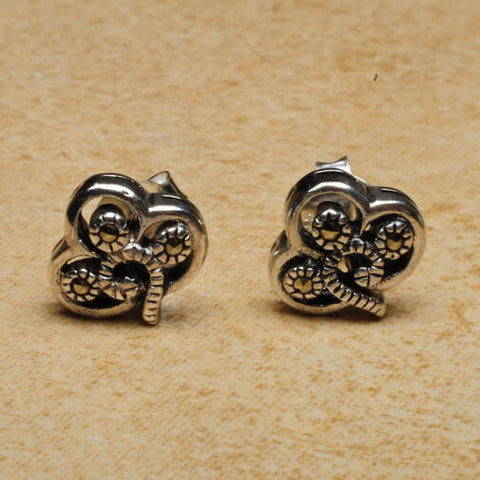 Celtic Sterling Silver Shamrock stud earrings with marcasite stones