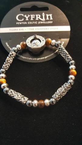 Hand Made Welsh Celtic Pewter Dragon's Eye Cyfrin Tigers Eye Stretch Bracelet