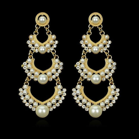 India Style Gold Color Pearl and Rhinestone Drop Earrings