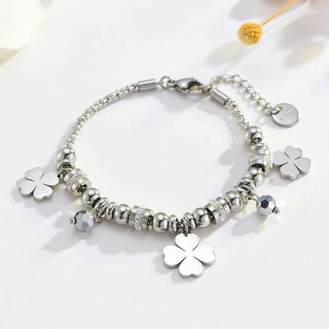 Stainless Steel 4 leaf clover charm and bead bracelet 17.5 cm plus 3 cm extender