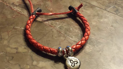 Irish Pewter Red Trinity Leather Rounded Woven Adustable Bracelet