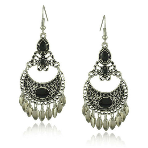 Turkish Style Silver Color  Ethnic  Earrings with Black stones and leaves