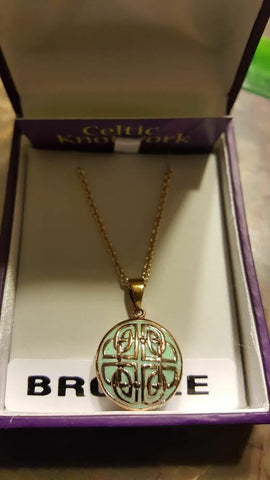 Irish Celtic Bronze round pendant with knotwork design on 20" chain