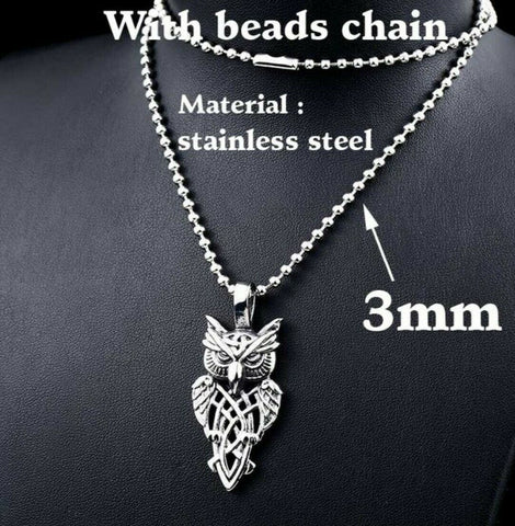 Celtic Owl Necklace with 60 cm stainless steel 3mm ball chain