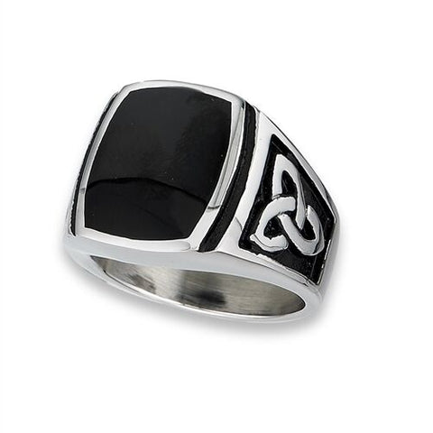 STAINLESS STEEL DOUBLE TRIQUETRA RING with Black Stone