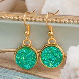 Resin Druzy Earrings Gold Plated Green Round Glitter