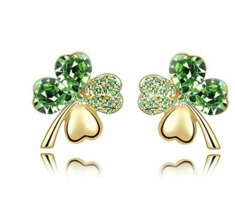 Four Leaf Clover Pierced Stud Gold Earrings with Austrian Crystal  Green