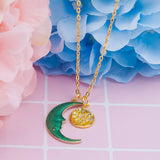 Druzy Necklace Gold Plated Green AB Rainbow Color Half Moon Round Enamel 19 5/8