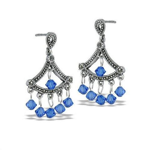 Sterling Silver Classic Victorian Dangle Earring With Marcasite And Blue Crystal