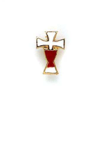 White Cross with Red Chalice First Holy Communion Lapel Pin (2 Pieces)