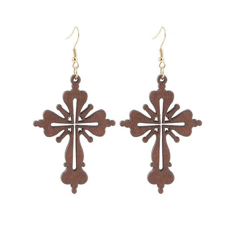 Brown Wooden Cross Earrings