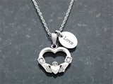 Stainless Steel Claddagh Heart Necklace with CZ Baguettes