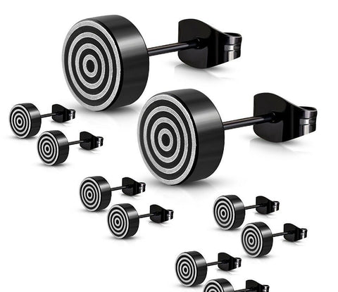 8mm | Black Stainless Steel 2-tone Bullseye Round Circle Stud Earrings (pair)