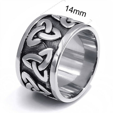 WIDE STAINLESS STEEL CELTIC TRINITY RING WITH  BLACK BACKGROUND