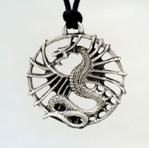 Pewter Winged Dragon pendant with adjustable black cotton cord made in USA