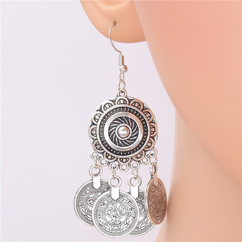 Turkish Style  Ethnic Round Circle Drop  Earrings with Coin Tassels