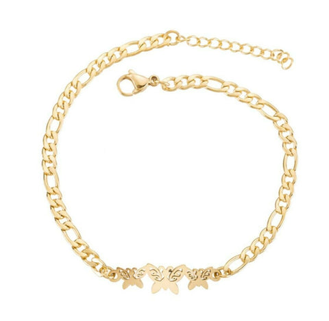 Gold Stainless Steel 3 butterfly bracelet/anklet  ( 8.25 in) incl 4 cm extension