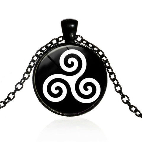 Black and White Celtic Triskelion Glass  Pendant Necklace  with black chain