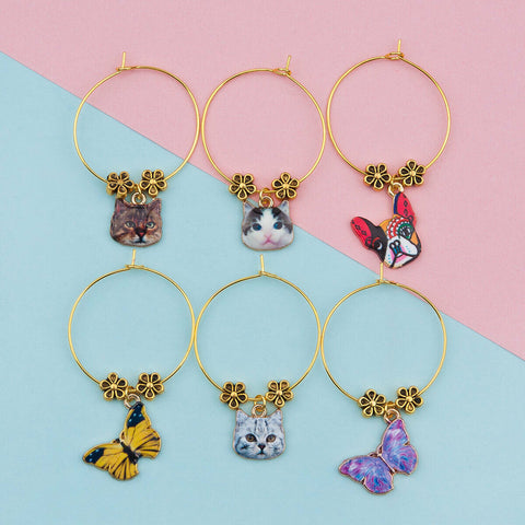 Zinc Based Gold-plated Alloy Wine Glass Animal Charms Mixed 6 in set
