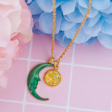Druzy Necklace Gold Plated Green AB Rainbow Color Half Moon Round Enamel 19 5/8