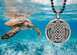 Celtic Turtle Pendant with black 24 inch steel chain mae in USA