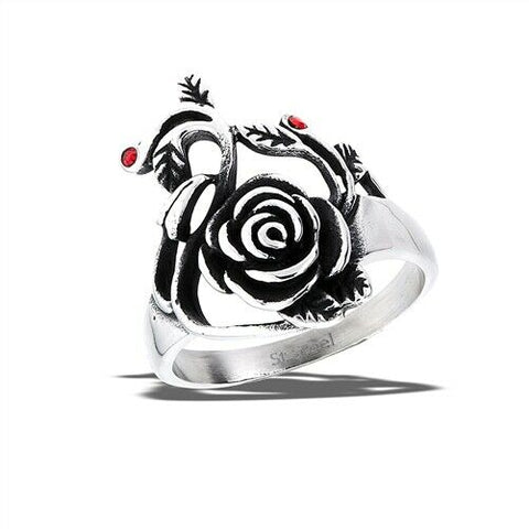 Stainless Steel Rose Ring WIth Two Red CZs