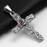 Stainless Steel Spiral Rose Flower Vine Cross Pendant w/ Light Siam Red CZ