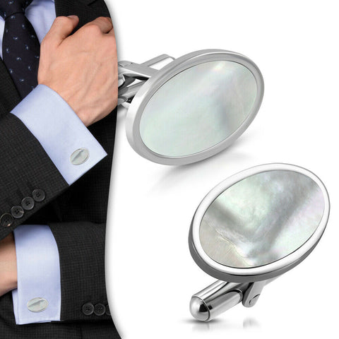 Stainless Steel Shell Inlay Oval Cufflinks (Pair)