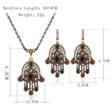 Turkish Style Hand of Fatima necklace and earrings set with green  stones