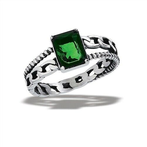 STAINLESS STEEL RING WITH GREEN CZ AND LINK SHANK