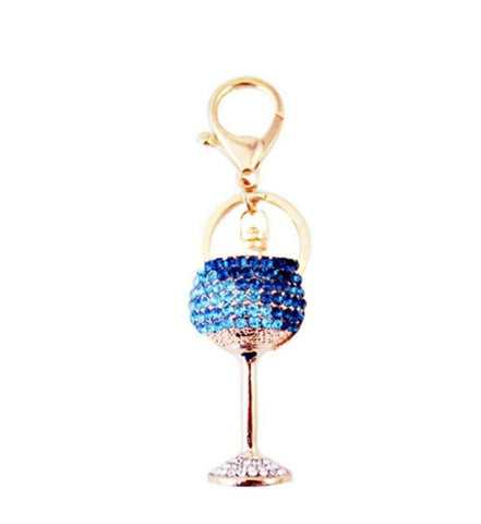 Wine Glass Rhinestone Bag Charm/Keyring  Blue/White Crystal
